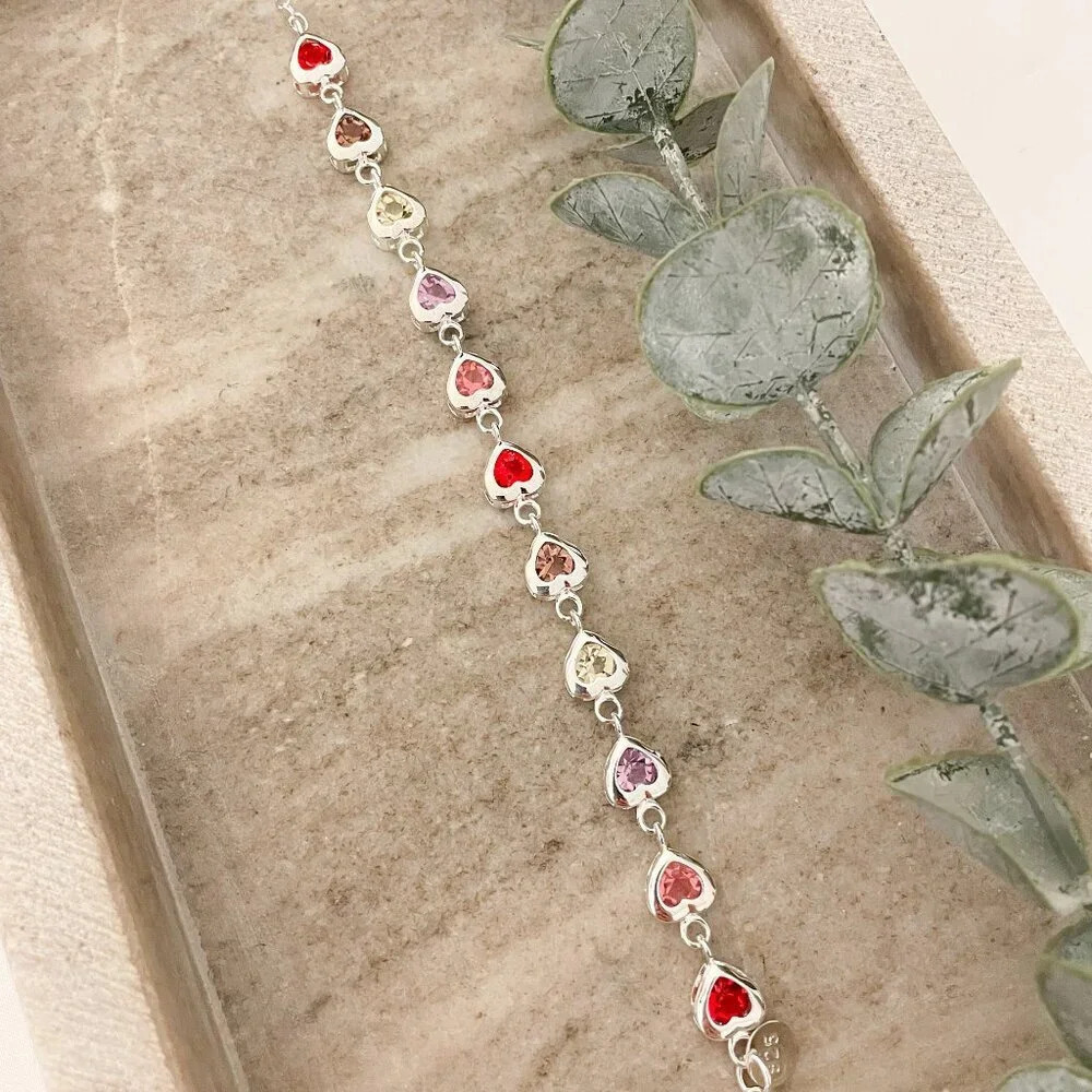 925 Sterling Silver Colorful Gems Heart Charm Bracelet Dainty Heart Bracelet - Picture 4 of 6